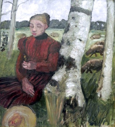 Ragazza riposante vicino a un tronco di betulla, gregge di pecore sullo sfondo da Paula Modersohn Becker